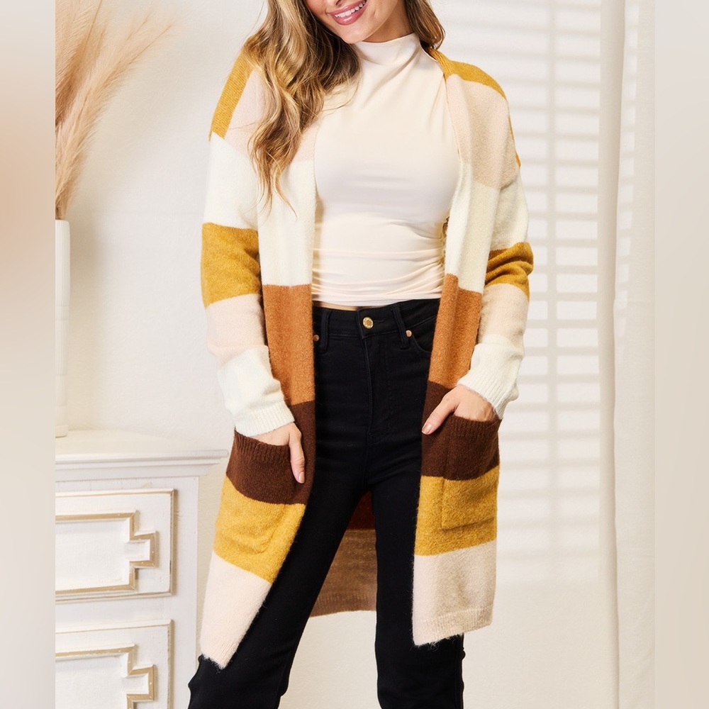 NEW Double Take Retro 70s Striped Color Block Open Front Cardigan Sweater